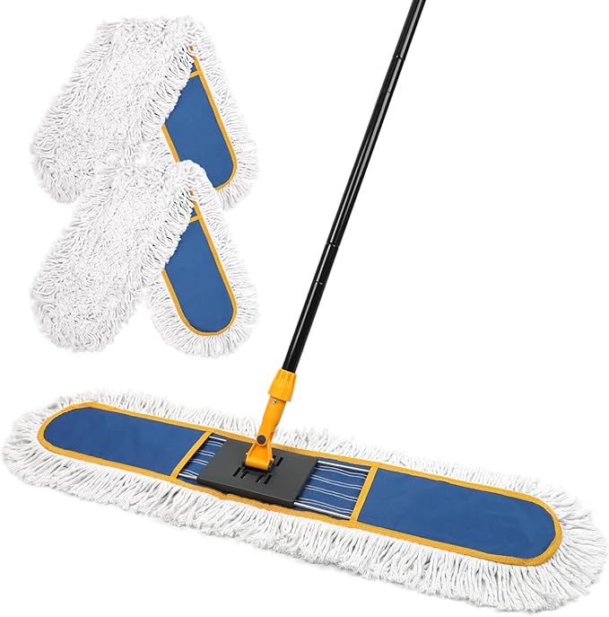 24”Dust Mop for Floor Cleaning, Heavy Duty Sweeper Broom Catches Dust, Pet Hair, and Debris, Washable 2 Cotton Mop Pads, Floor Duster for Hardwood, Tile, Laminate, and LVP Flooring