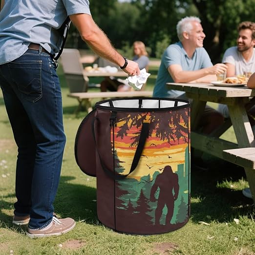 Sunset Bigfoot Camping Trash Can Collapsable Large Capacity Design Outdoor Trash Can with Lid Water Resistant Garbage Cans Easy to Use and Clean