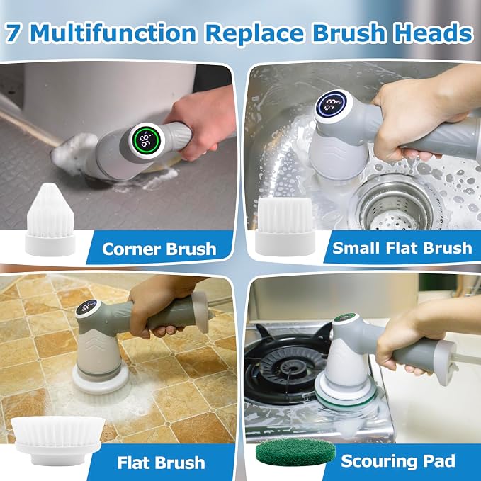 DAESUNG Electric Spin Scrubber, Electric Bathroom Brush with 7 Replaceable Heads, Power Scrubber with LED Display, Electric Scrubbers for Cleaning Shower, Tile, Grout, Sink