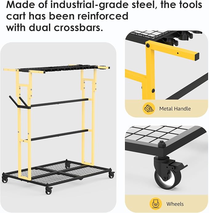 CCCEI Garage Organization with Wheels, Outdoor Gargen Yard Shed Tools Organizer Cart, Home Storage for Cleaning Supplies Organizer, Broom Holder, for Shovel and Rake, Long Farming and Farming Tools.