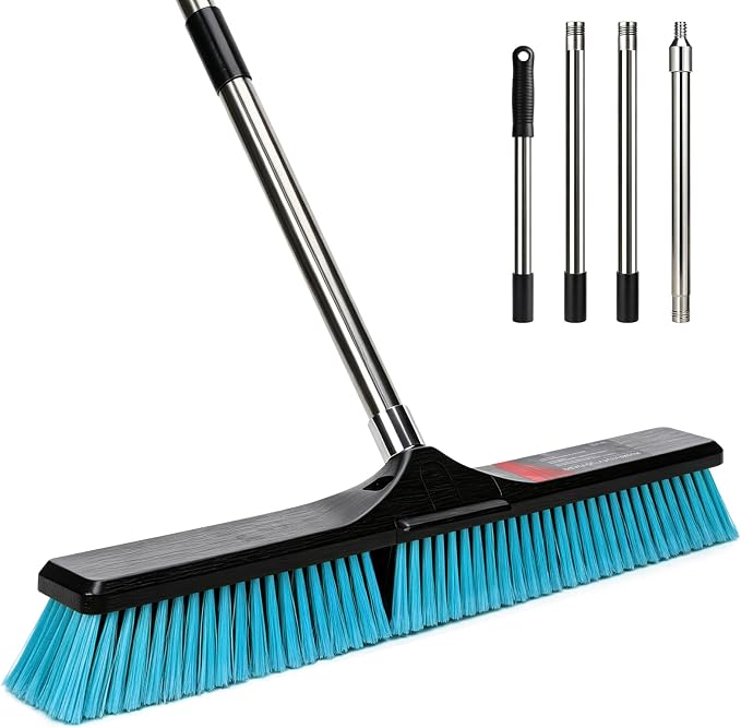 24" Push Broom Outdoor Heavy Duty, Commercial Push Broom for Cleaning, Blue | Industrial Broom with 55" Long Handle Stiff Bristles,Garden Brush Broom for Driveway Garage Yard Warehouse Floor Cleaning