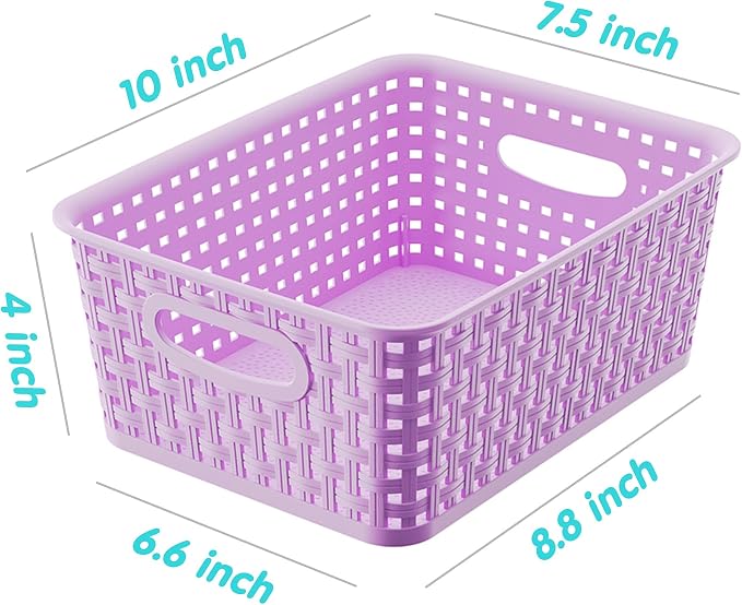 6-Pack Small Baskets, Plastic Open Storage Weave Basket Versatile Shelf Organizer Woven Baskets for Home and Pantries, Green/Purple/Yellow, 10x7.5x4 inch