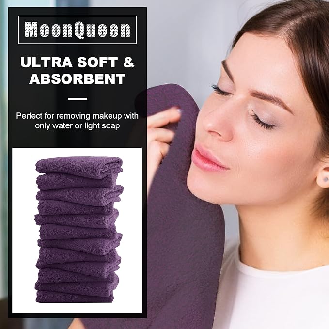 MOONQUEEN Microfiber Facial Cloths Fast Drying Washcloth 12 Pack - Premium Soft Makeup Remover Cloths - Grape Purple