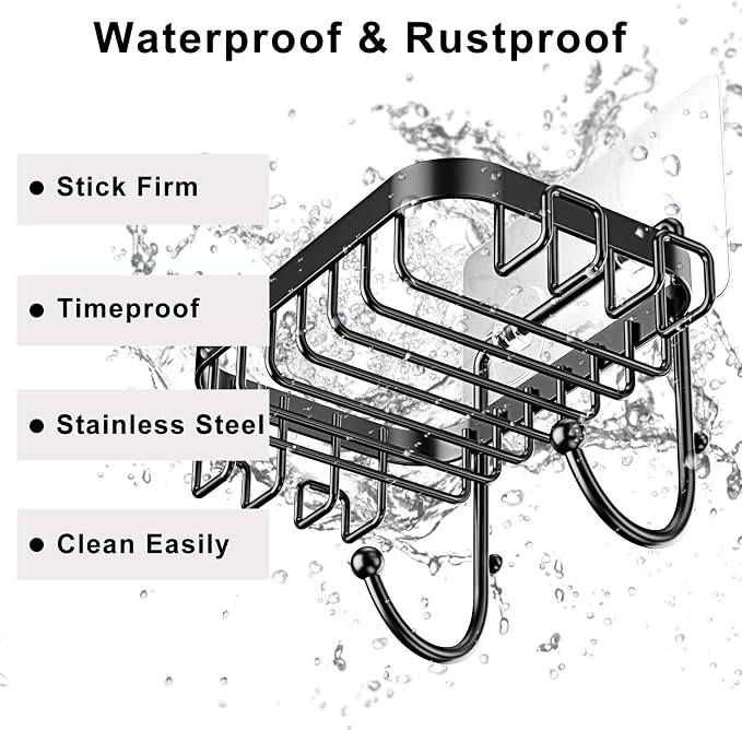 ODesign Bar Ssoap Holder for Shower Stainless Steel with 6 Hooks-Black | Loofah, sponge, and razor holder, adhesive wall-mounted, no drilling, removable for cleaning, for kitchens and bathrooms
