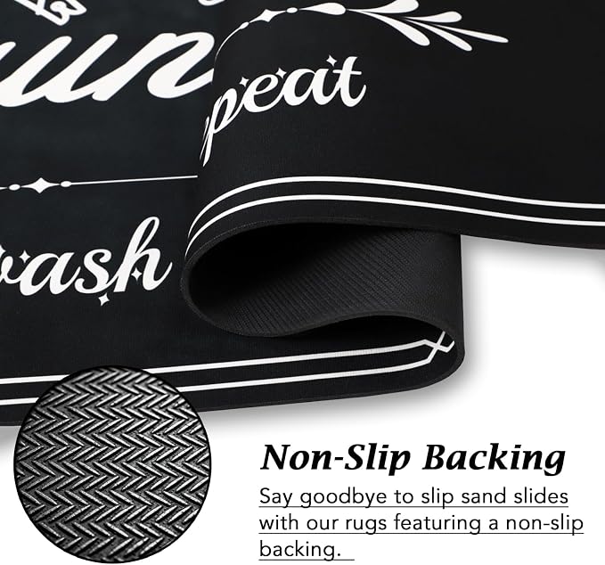 Non-Slip Laundry Room Rug Runner 17.3"x47.2" Washable Floor Cushioned Rubber Carpet Black Bathroom Hallway Mudroom Kitchen Mat for Farmhouse Entryway Washroom Decor Accessories
