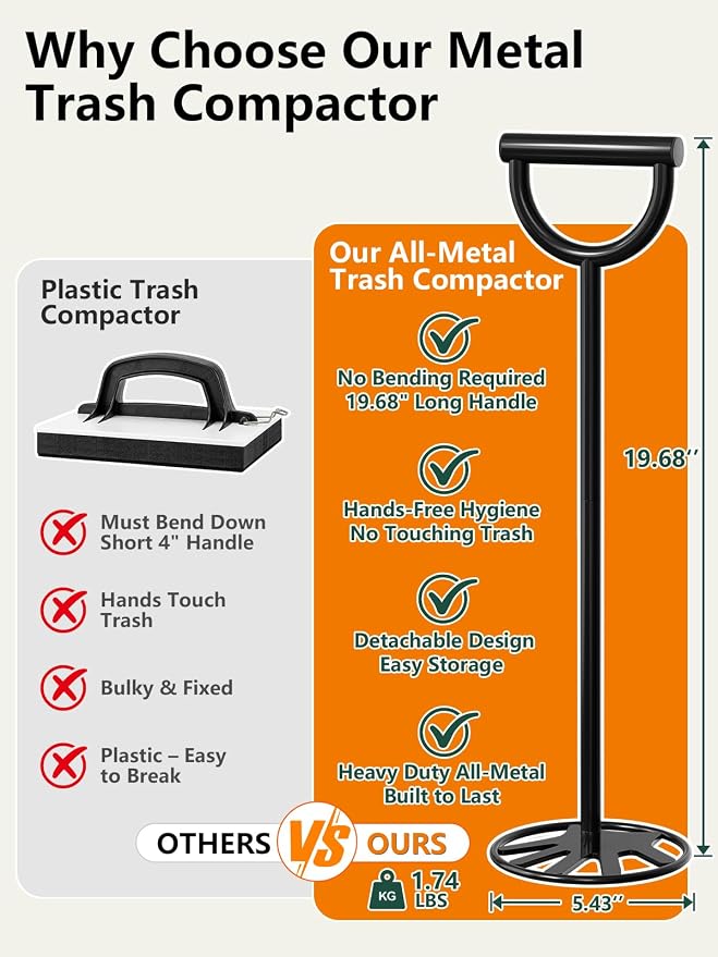 Trash Compactor for Kitchen All-Metal Manual Trash Can with No Electric | Garbage Compressor, Freestanding Tamper Press Tool with Touchless Smasher Waste Compactor for Home and Outdoor Bin
