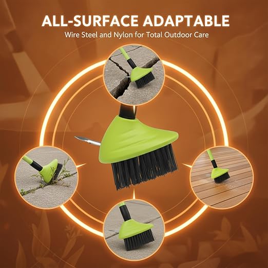 3-in-1 Weed Brush Set with Long Handle for Patio & Driveway (Orange,2pcs) | Includes a floor scrub brush, gap cleaning brush and metal weeding hook for cleaning patios, concrete, decks and driveways.