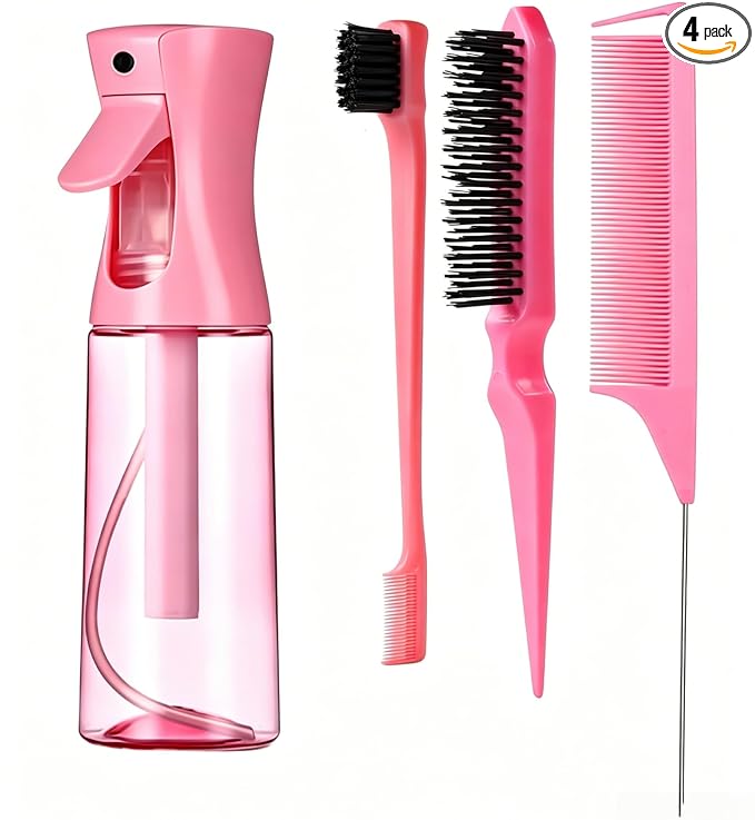 Hair Brush Set with Continuous Spray Bottle，Slick Back Hair Brush Back Brushing, Combing, Slicking Hair (PINK)