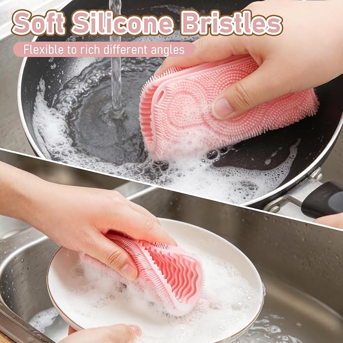 Silicone Sponges for Dishes Fruit Vegetable, Vynusio Silicon Dish Sponge 3 Pack Food-Grade Reusable Durable Efficient Kitchen Gadgets Washing Clean Scrubber Pad, Multipurpose High Resistant Trivet
