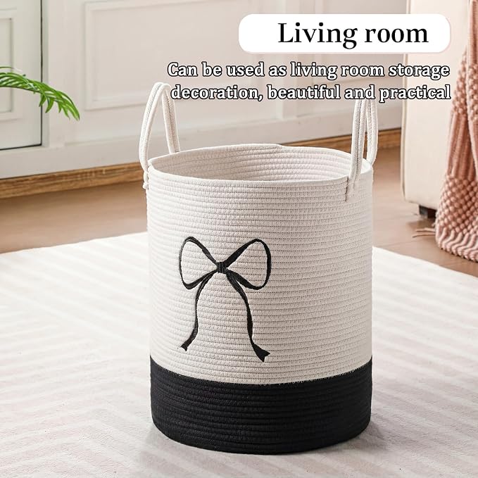Honeydak Black Laundry Basket Bow Hamper Coquette Laundry Basket Cotton Rope Hamper 15 x 17.7 Inches Toy Box Large Coquette Bow Teens Girls Room Storage for Blanket Toys Clothes Organization