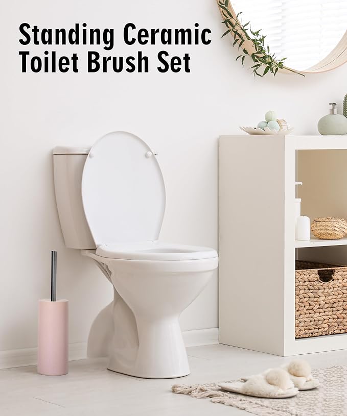 Matt Pink Ceramic Toilet Brush and Holder Set | Freestanding Toilet Bowl Cleaners Brush, Scrubber Brush for Toilet, Bathroom Accessories with Stainless Handle, Deep Cleaning