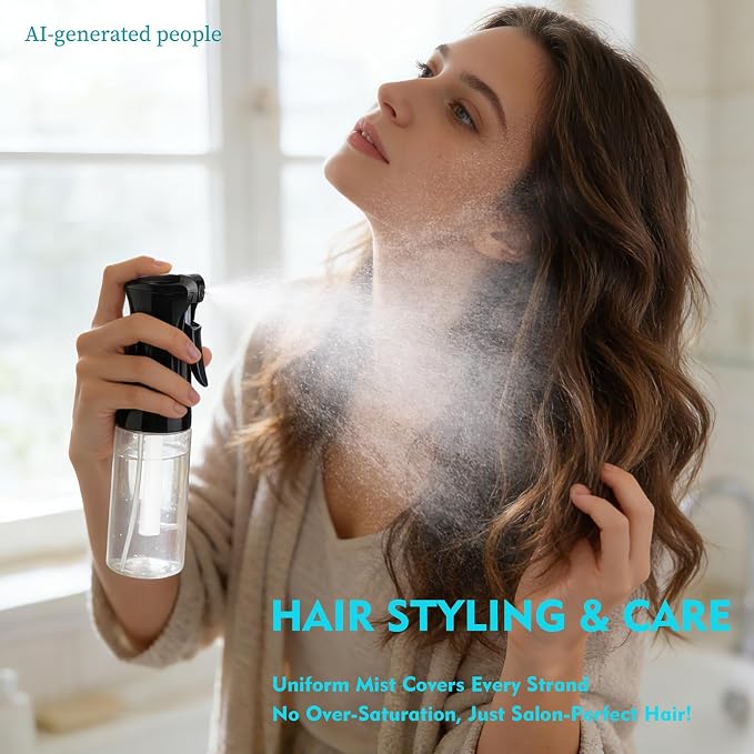 Continuous Spray Bottle for Hair, 6.8 OZ Ultra Fine Mist Spray Bottle | Leak Proof, Pre-Compression Technology, 360° Mist Sprayer for Hair Styling, Cleaning, Watering and Pets