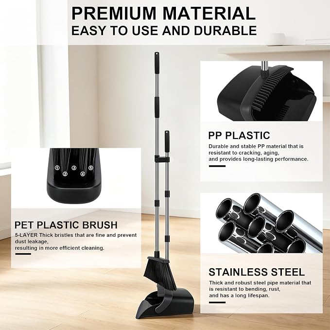 Black Broom and Dustpan Set 2 Pack, Long Handle Floor Cleaning | Self-Cleaning Comb Teeth, Upright Storage, Indoor Outdoor Sweeping for Home, Kitchen, Garage and Pet Areas