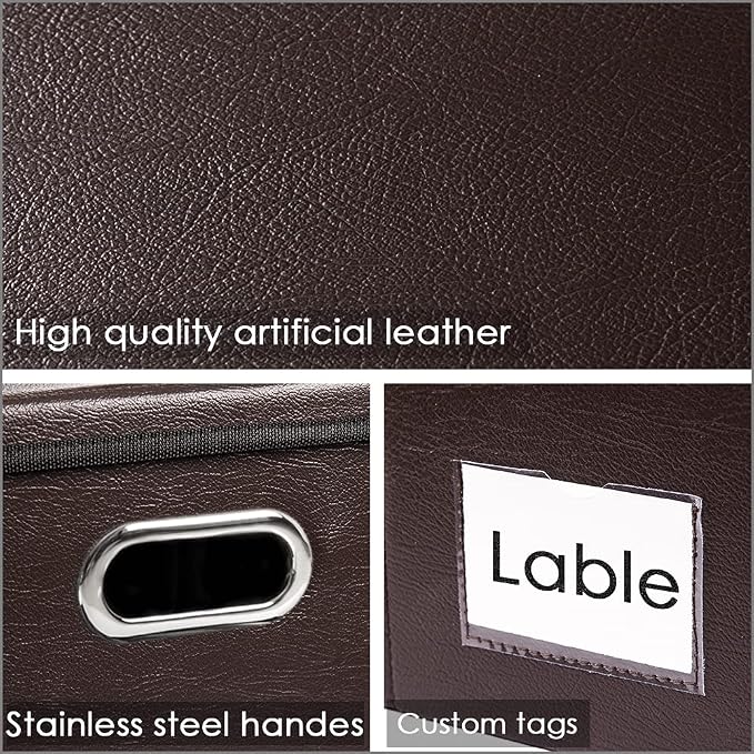Large Foldable Storage Bins with Lids [3-Pack] Leather Fabric Collapsible Storage Boxes Organizer Containers Baskets Cube with Cover for Home Bedroom Closet Office Brown(17.7x11.8x11.8)