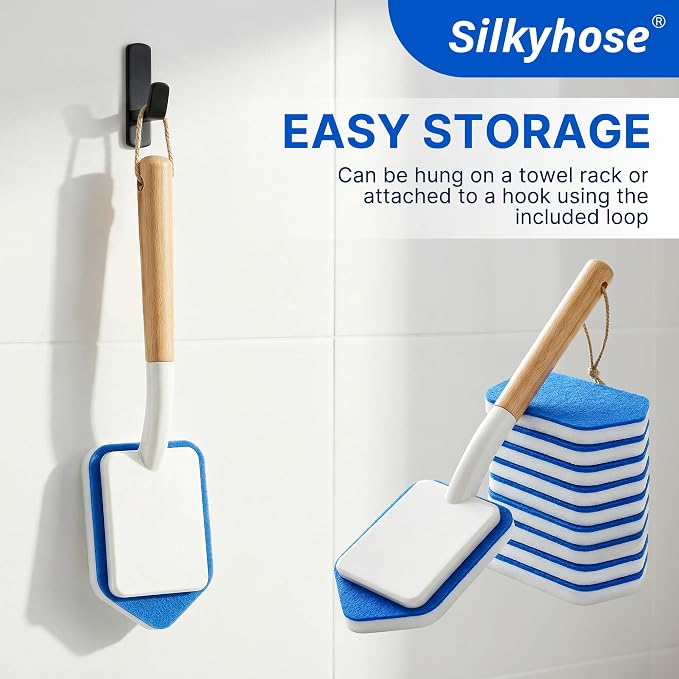 Silkyhose 2Pcs Tub Tile Scrub Brush,10 Melamine Sponge Replacement Heads | Non-Scratch. Versatile & Durable. Household Cleaner with Wooden Handle. Erasers for Grout, Sink & Shower Walls