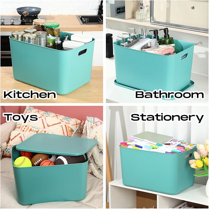 Hoolerry 8 Pack Storage Bins, 16.1 X 12.0 X 9.7 Inch Green | Plastic Stackable Containers with Lid Handle, For Shelves Desktop Playroom Office, Organizing Toys Books Supplies Storage