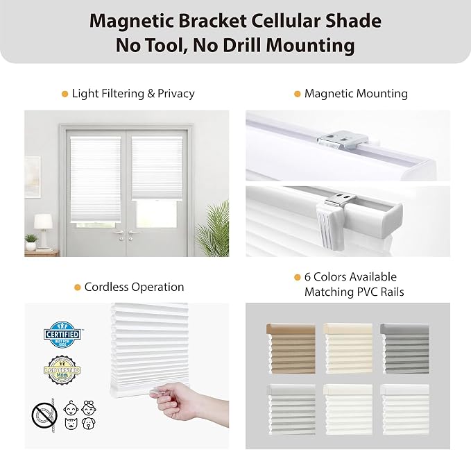 DEZ FURNISHINGS Cordless No Tools No Drill 1.5" Magnet Light Filtering Shades for Metal Doors, 25" W x 72" H, Ivory