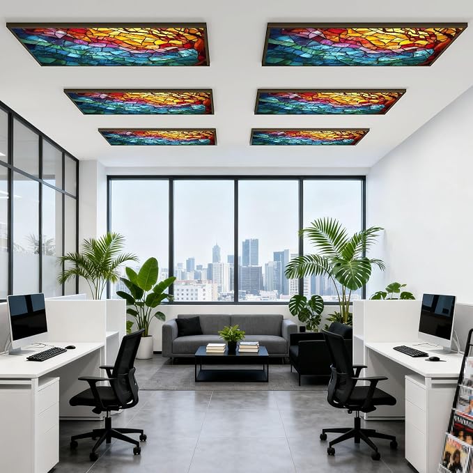6 Pack Fluorescent Light Covers for Ceiling Lights ocean waves Colorful stained glass window Abstract stained glass Art Decorative Magnetic Light Cover Light Filters for Classroom Office Home