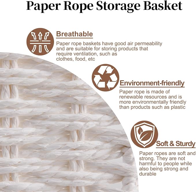 OIAHOMY Wicker Storage Basket, Rectangular Paper Rope Shelf Baskets with Built-in Handles, Woven Decorative Organizer for Pantry, Shelves, Living Room and Bathroom, 1-Pack White