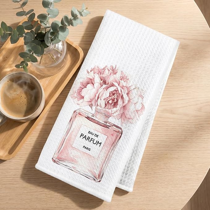 3 Pcs Pink Hand Towels, Perfume Flower Decor Reusable Dish Towels | Fashion Gifts for Women Girls Mom Friend, Waffle Weave Microfiber Towels for Bathroom Home Decor 24x14 Inch