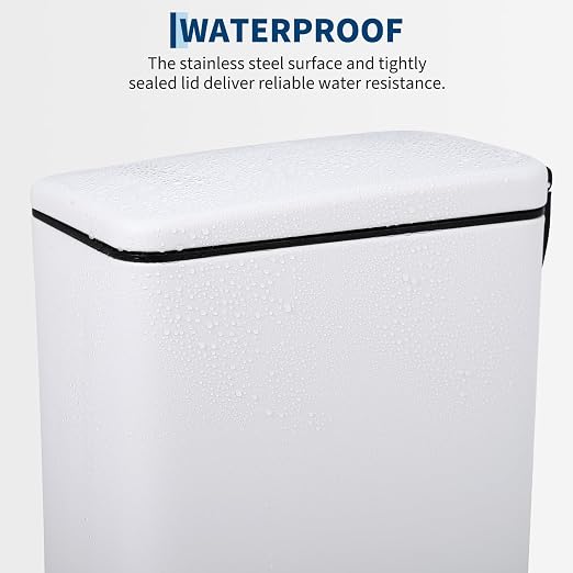 Slim Narrow Kitchen Trash Can with Lid, 10L Stainless Steel Step Pedal Garbage Can, Soft Close & Stay Open Lid Design, Space Saving Trash Bin with Removable Inner Bucket for Kitchen, Bathroom,White