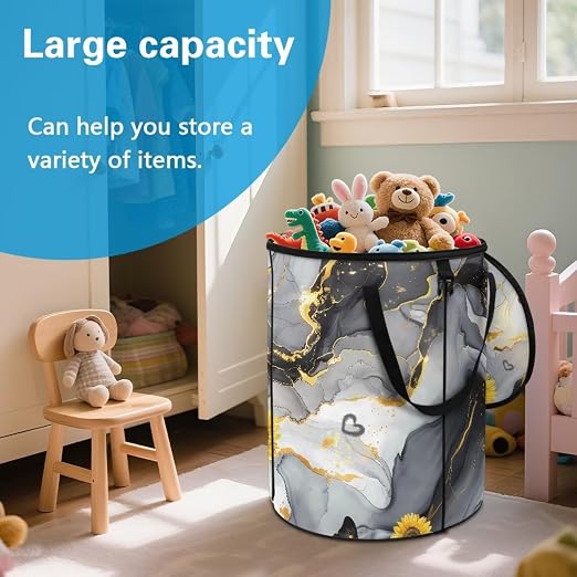 BIGCARJOB Marble Print Collapsible Trash Can Portable Tall Trash Can Oval Recycling Bin 22.83x17.71 Outside Sunflower Garbage Bin Storage Bag with Clip and Zipper Lid