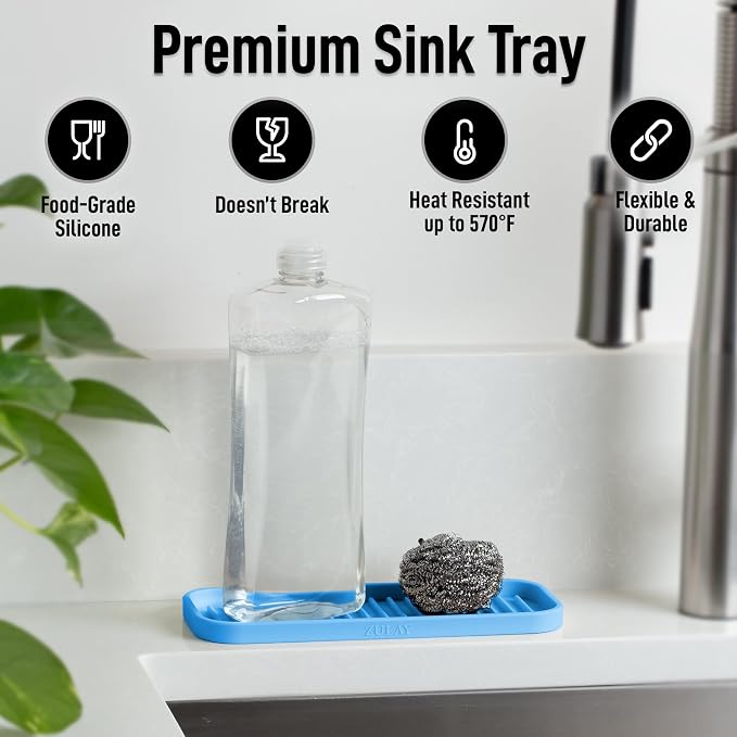 Zulay Kitchen (9x3.5) Silicone Sponge Holder for Kitchen Sink - Flexible Multipurpose Kitchen Soap Tray Sponge Holder - Sink Organizer Tray for Kitchen, Bathroom, Makeup, Trinkets & More (Blue)