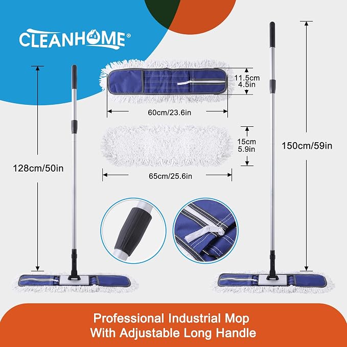 CLEANHOME 24" Commercial Dust Mop for Floor Cleaning Heavy Duty | With 59” Extendable Long Handle,Hotel Gym Garage Hospital Household Cleaning Supplies for Hardwood,Marble Floors
