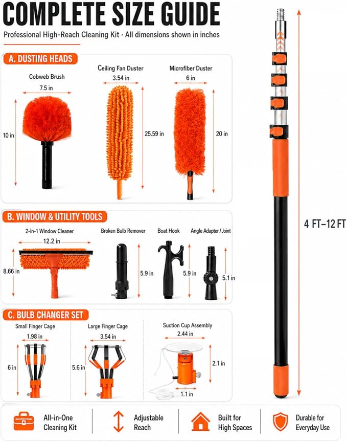 20 FT Ceiling Fan Cleaner Dusters with Telescoping Extension Pole | Extendable Duster for High Ceiling, Light Bulb Changer, Window Squeegee Washing Kit, Cobweb Brush Duster