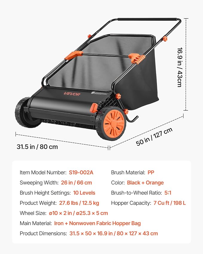 VEVOR Push Lawn Sweeper 26 in Leaf & Grass Collector 7 cu. ft. Hopper Bag | 10-Level Height Adjustable V-Shaped Brushes, Heavy Duty Yard Sweeper for Leaves, Grass Clippings & Pine Needles