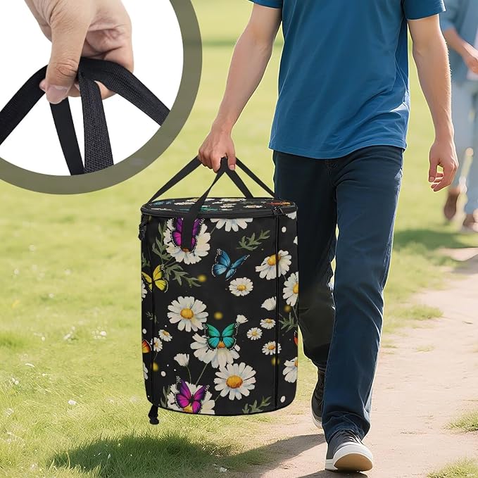 Daisy Butterfly Print 24 Gallon Garden Waster Bags with Lid and Handles Reusable Lawn Garden Bags Collapsible Trash Can for Camping Outdoor Picnics