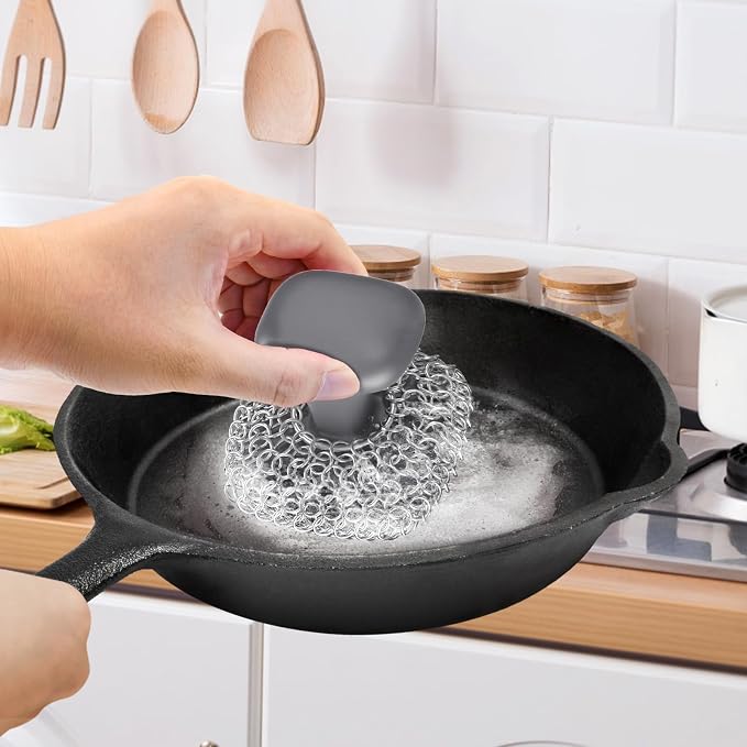 Cast Iron Scrubber Dish Scrub Brush for Cast Iron Pan Skillet | 316 Cast Iron Cleaner, Chain Mail Scrubber Cast Iron, Dish Scouring Pad, Dishwasher Safe, Cleaning Kit, Grey