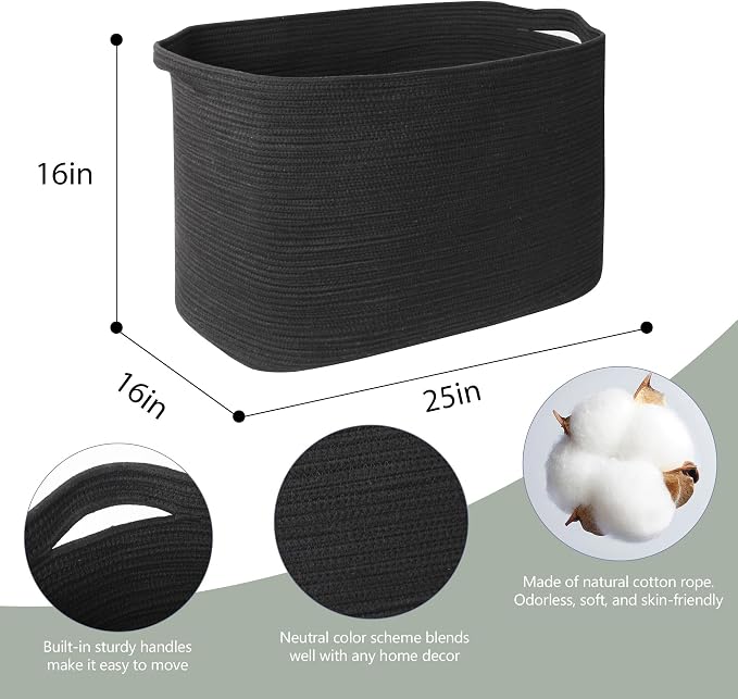 MEGASKET 108L Extra Large Storage Basket, 25" x 16" x 16" Black Blanket Basket Living Room, Oversized Cotton Rope Blanket Storage, Woven Kids Dog Toy Bin Box Organizer, Laundry Shoes Towel Bin, Black