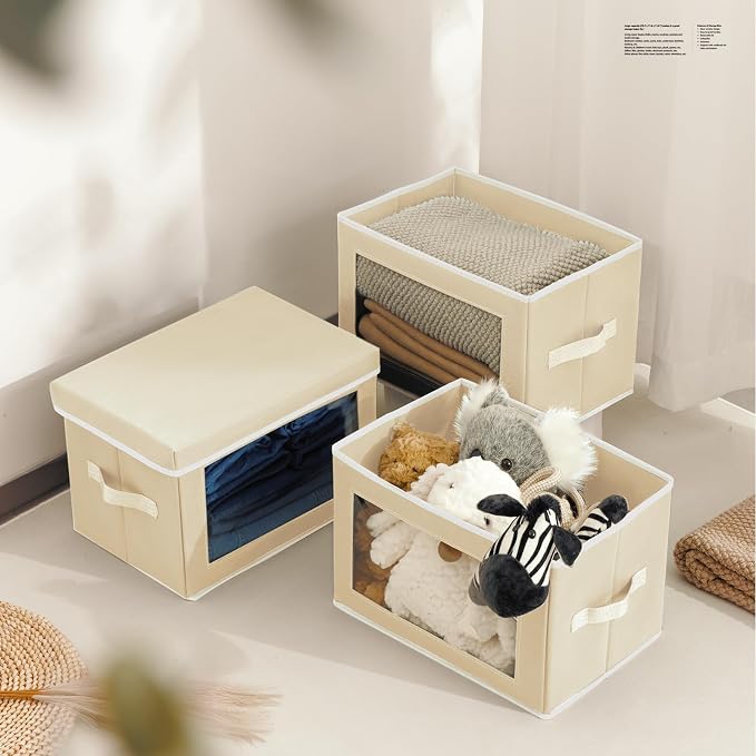 Homsorout Fabric Storage Bins with Lids, Storage Cubes with Window, Decorative Storage Boxes Baskets for Organizing, Closet Organizer Storage Bins for Home, Office, 3 Packs, Beige