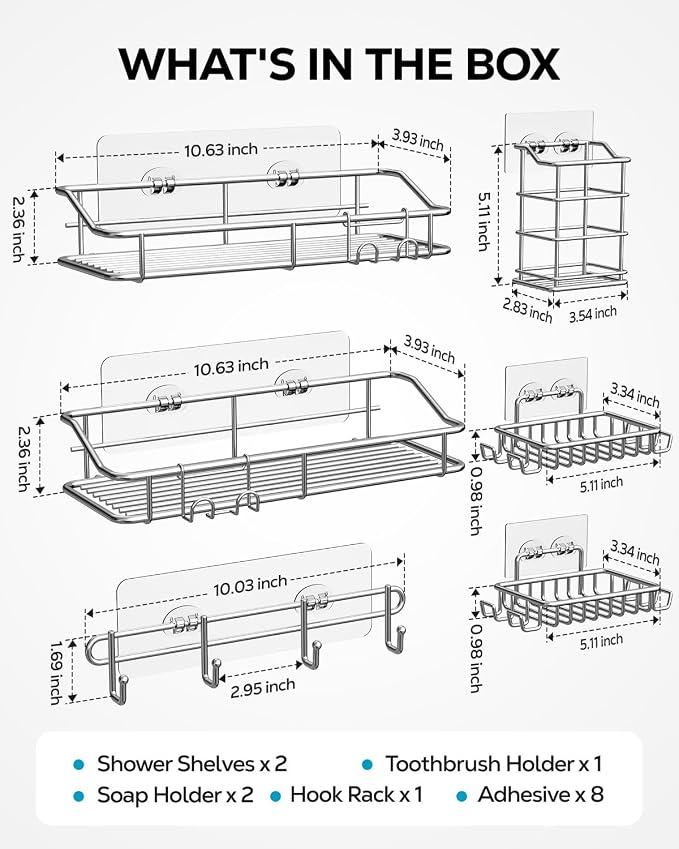 Nieifi Shower Caddy Adhesive, Shower Shelves, Shampoo Holder for Bathroom | Stainless steel, 5 pack, shower rack, shower organization, with hooks, rustproof, no drilling, razor holder, silver