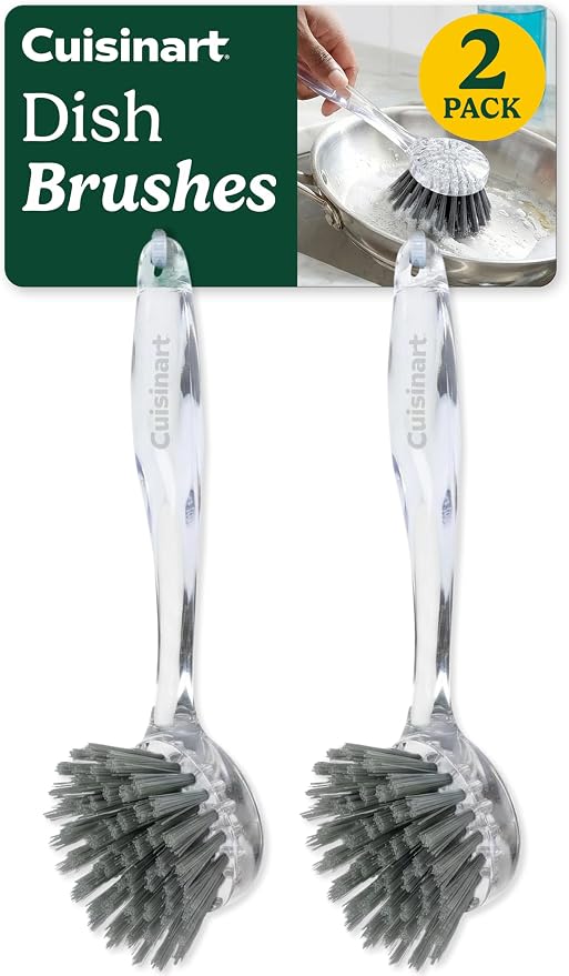 Cuisinart Dish Brush with Handle, 2 Pack, Firm Bristles | Multi-purpose dish scrubber for plates, pots, and pans, deep cleaning removes grease, safe for nonstick, round head
