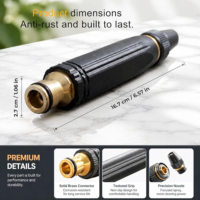 High Pressure Hose Nozzle, Quick Connect Fits US Garden Hoses | Heavy-Duty Metal Direct Spray Hose Gun with 3/4" GHT Quick Connect. for Car Washing, Patio Cleaning, and Plant Watering