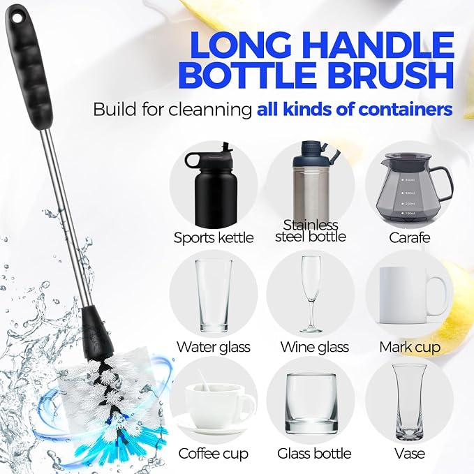 Holikme 4 Pack Bottle Brush 14" Stainless Steel Straw Cleaner Brush,Blue | Bottle Cleaner Brush, 3 Straw Cleaner Brush, Bottle Cleaning Brush for Water Bottle Cups Straw Cleaner Brush
