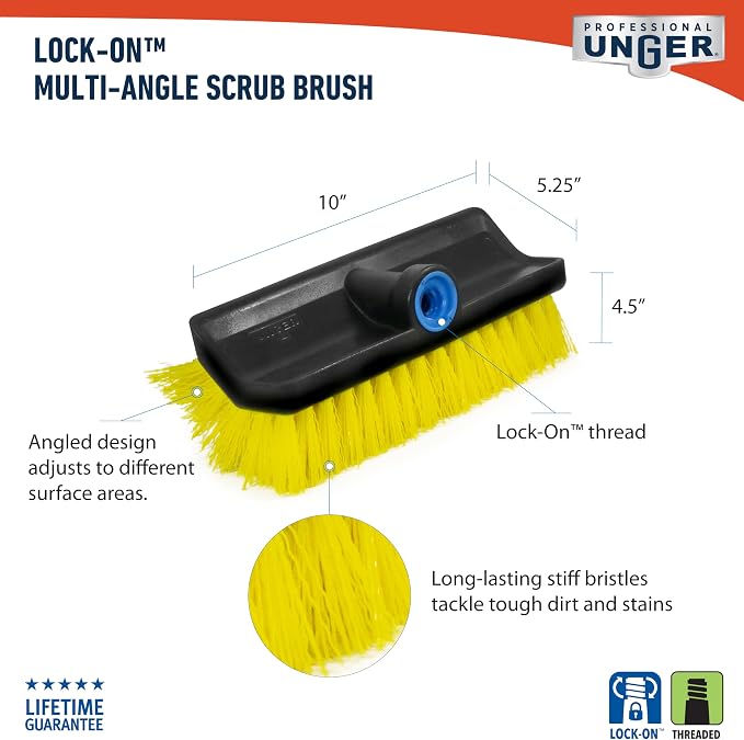 Unger Hydropower Lock-On 10" Bi-Level Scrub Brush | Dual-level bristles for deep scrubbing; ideal for garage, driveway, deck, concrete & brick