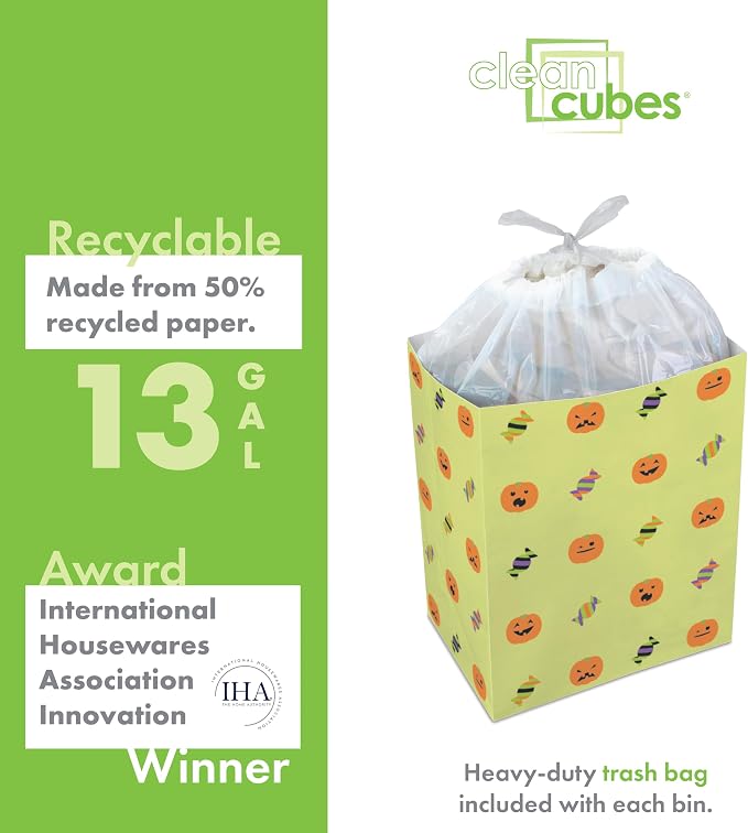 Clean Cubes 13 Gallon Disposable Pop-Up Trash Cans, 3-Pack (Halloween) | Extra Trash Space for Parties and Events, No Assembly Required, Built-In Liner, Wire-Reinforced Opening Stays Fully Open