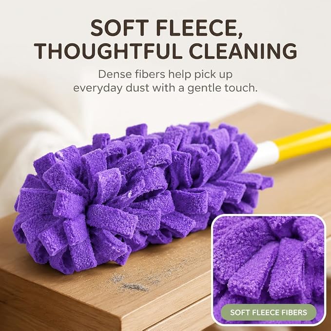 4 Pcs Reusable Duster Refills for Swiffer, Washable Fleece Duster with Handle, 360° Cleaning, Electrostatic Pads for Home, Window, Car, Fans
