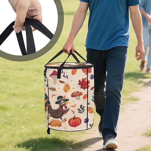 doginthehole Fall Leaves Pumpkin Turkey Outdoor Trash Can Storage Collapsible Pop-up Recycle Trash Can 22.83x17.71 Waterproof Garbage Bin Bag with Lid, Thanksgiving Day Party Supplies Fall Decor