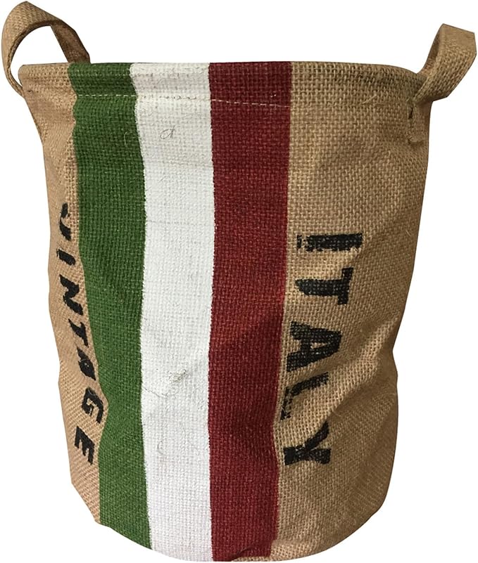 Burlap Waste Basket Vintage, Round Jute Organizer with Handles | Small Recycling Bin for Paper, Bottles & Cans, Rustic Home Office Decor, Italian Flag Design, Souvenir Gift 10" Dia. X 12" H