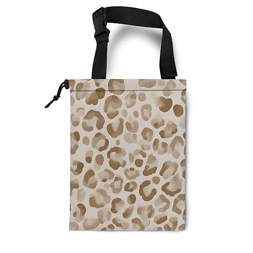 Neutral Beige Leopard Print Car Trash Bag Hanging for Back Seat | Cheetah Animal Print Canvas Drawstring Car Garbage Bag with Adjustable Buckle Vehicle Trash Can