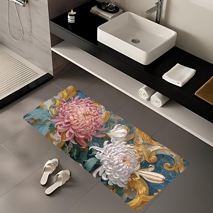 ANNA QUEEN Vintage Chrysanthemum Laundry Room Rug Runner 20x47 Inch - Waterproof Non-Slip Floor Mat for Front Load Washer Dryer, Burgundy Floral Farmhouse Decor, Machine Washable