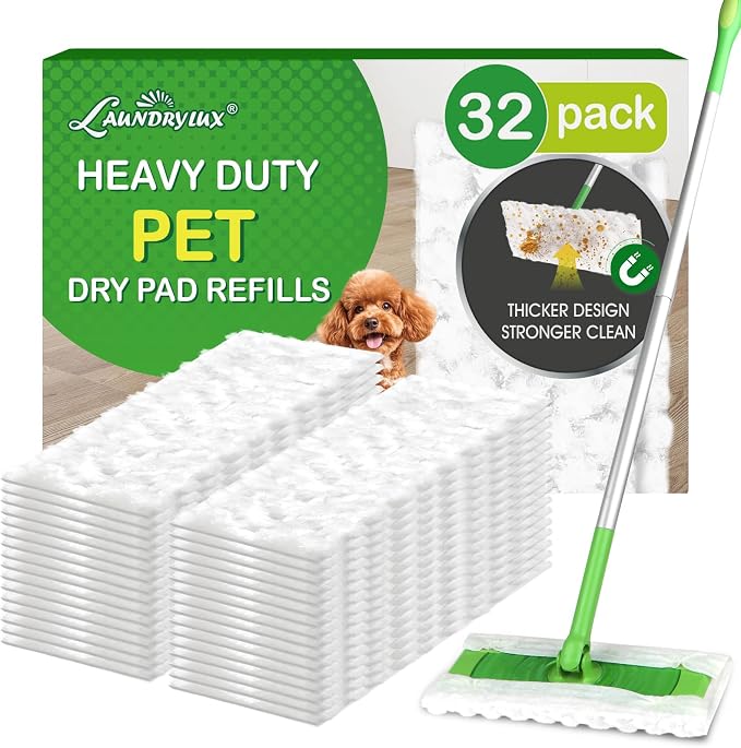 LAUNDRYLUX Heavy Duty Dry Sweeping Cloths Compatible with Swiffer Sweeper | 32 Count Multi Surface Pet Dry Pads Refill, Floor Cleaner for Dust, Hair, Dirt, Disposable Duster Mop Pad - White
