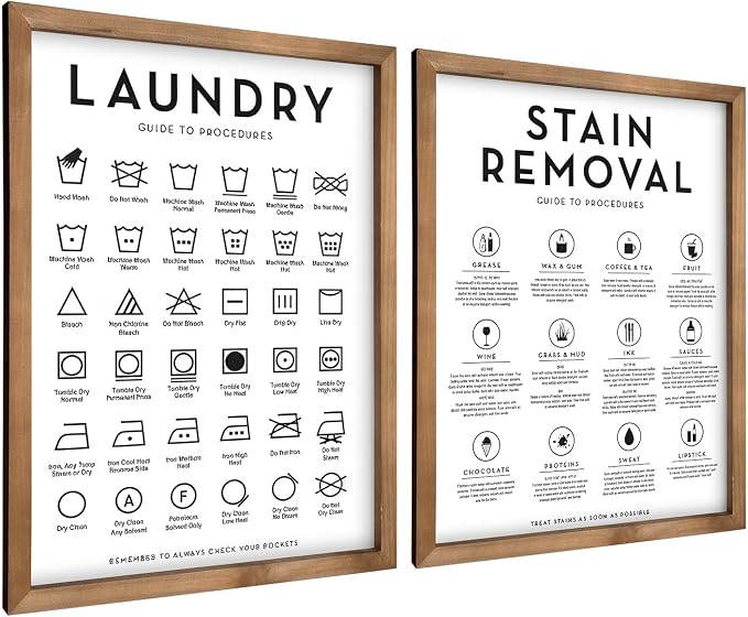 2 Piece Laundry Room Signs Pictures Wall Decor, 15.7×11.8 Inch Wooden Laundry Care Symbols Chart Wall Art, Stain Removal Wash Guide Print Rustic Farmhouse Decorations for Home Accessories