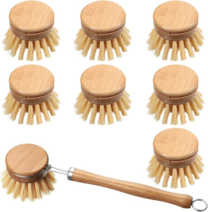 Patelai 8 Pieces Dish Brush with Wood Handle, Natural Dish Scrubber Brush Set Includes 7 Replacement Bristle Heads & 1 Bamboo Handle for Dishes, Pans, Pot, Fruit and Veggie