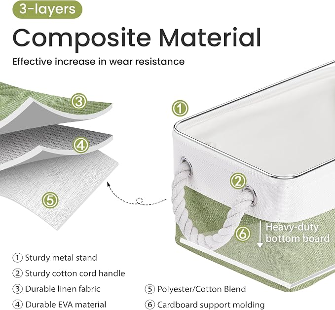 11.8x7.9x5.2 Inch Fabric Small Storage Bins with Handles 1 Pack | Foldable Storage Basket, Sturdy Metal Strand, Cardboard Support Molding, Small Baskets for Organizing, Shelves, White/Green