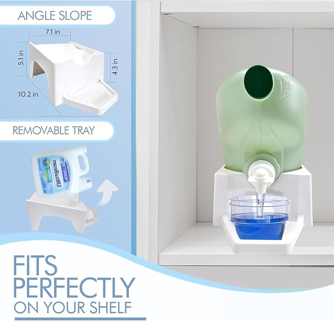 Liquid Laundry Detergent Holder Stand with Drip Tray - 2 Pack - White | Easy Pouring, Rubber Feet, Angled Stand, Fabric Softener Dispenser for Laundry Room Organization & Storage
